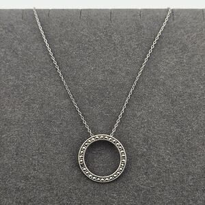 Silver Pave Circle Pendant On Silver Chain Crystal Embellished Ring Donut Simple
